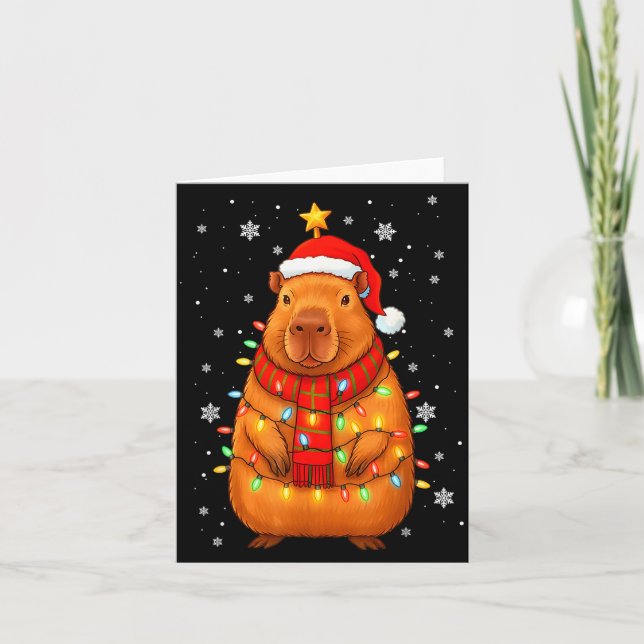 Tarjeta Christmas Capybara With Santa Hat Xmas Lights Tree (Anverso)