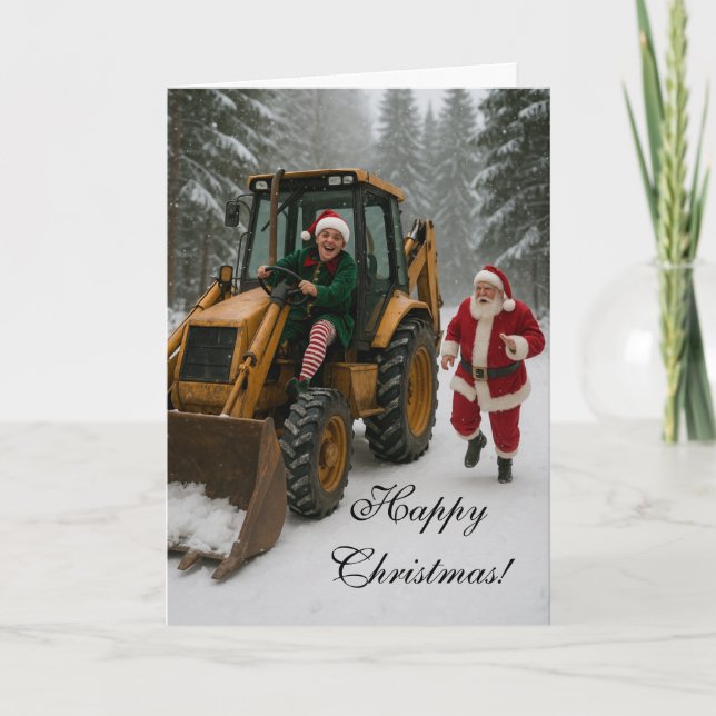 Tarjeta Christmas card -  Elf stealing Santa's digger  (Anverso)