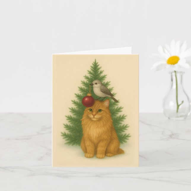 Tarjeta Christmas Card — Funny Cat & Bird by the Tree (Planta pequeña)