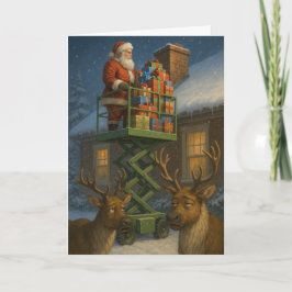 Tarjeta Christmas card funny Santa on scissor lift 