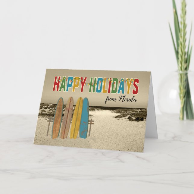 Tarjeta Christmas Card with Vintage Surfboards on Beach (Anverso)