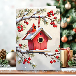 Tarjeta Christmas Cardinal Birdhouse snowy pine branch 