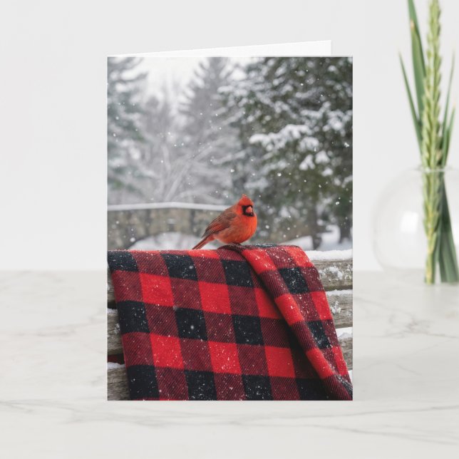 Tarjeta Christmas Cardinal On a Buffalo Plaid Blanket (Anverso)