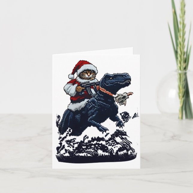 Tarjeta Christmas Cat In Santa Hat Holding A Gun And Dinos (Anverso)