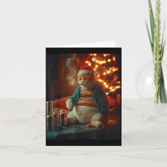 Tarjeta Christmas Cat Smoking Cigarette Meme Gen Z  (Anverso)