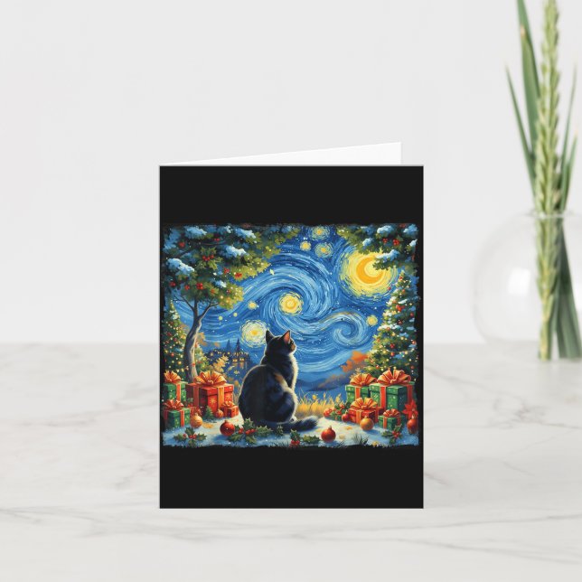 Tarjeta Christmas Cat Starry Night Van Gogh Santa Winter G (Anverso)