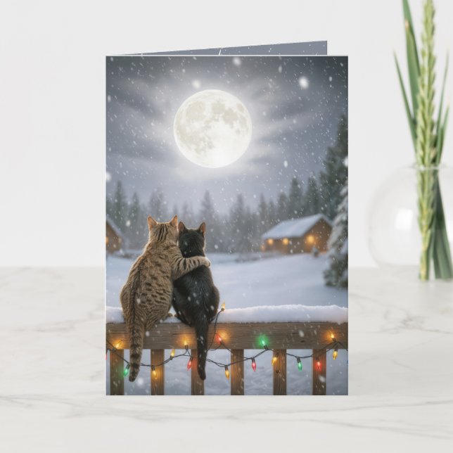 Tarjeta Christmas Cats Cuddling On a Snowy Fence (Anverso)