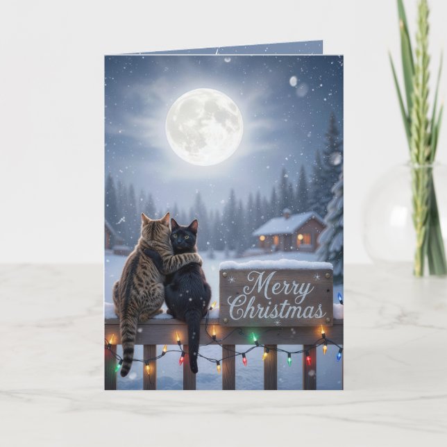 Tarjeta Christmas Cats Embracing On a Snowy Fence (Anverso)