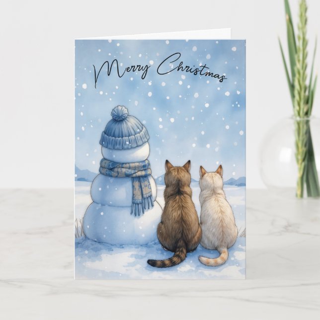 Tarjeta Christmas Cats Sitting With a Snowman In a Field (Anverso)