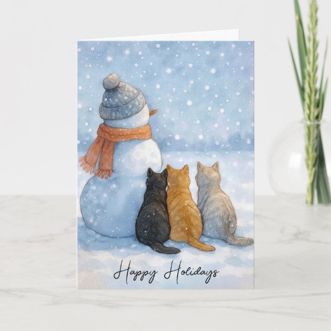 Tarjeta Christmas Cats Sitting With a Snowman In a Field (Anverso)