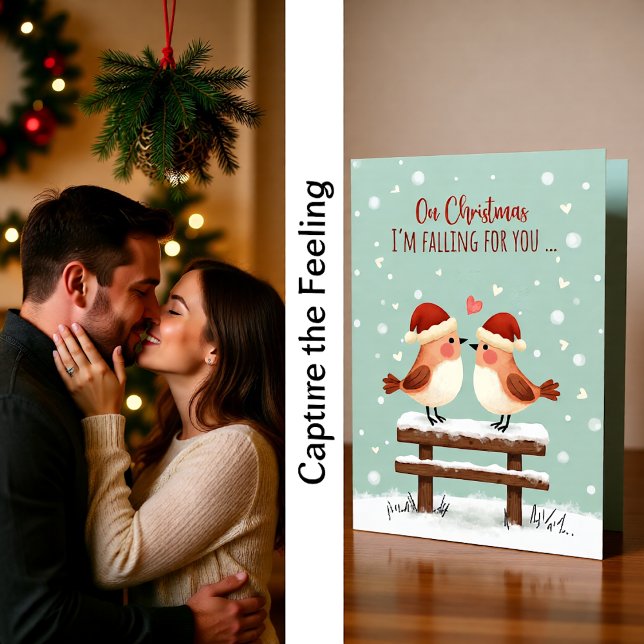 Tarjeta Christmas Cute Romantic Love Birds in Falling Snow (Subido por el creador)
