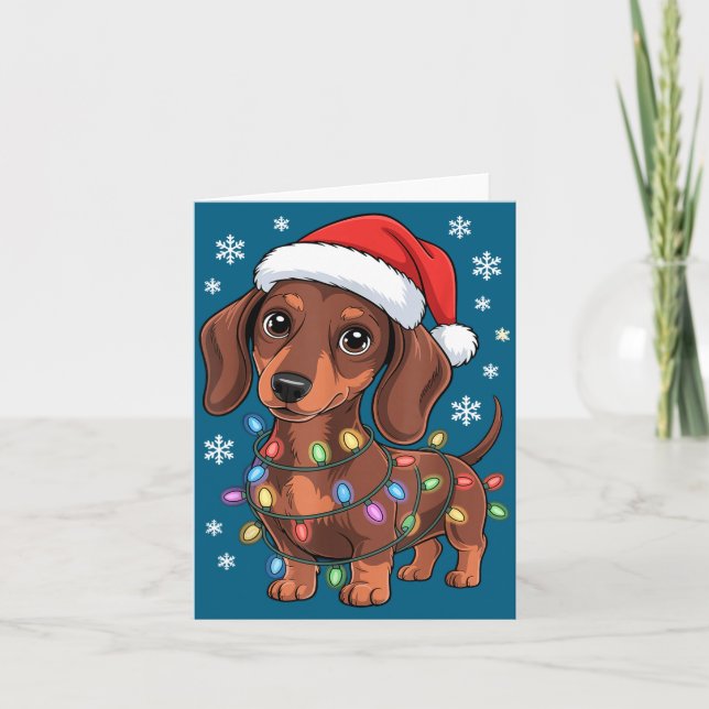 Tarjeta Christmas Dachshund Lights Santa Hat Holiday Dog L (Anverso)