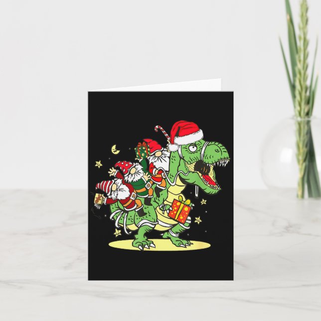 Tarjeta Christmas, Dino, Ugly Xmas, Trex Dinosaur, Gnome  (Anverso)