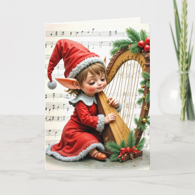 Tarjeta Christmas Elf Playing a Harp (Anverso)