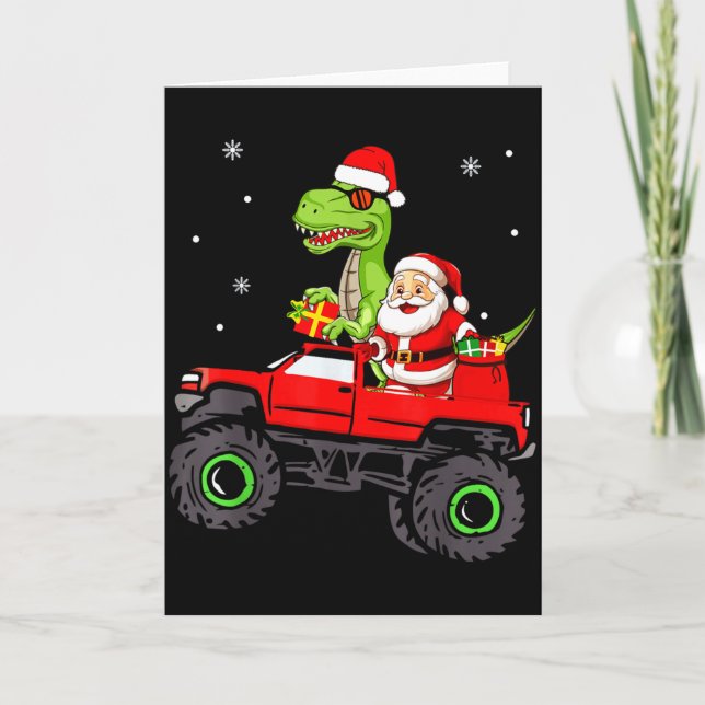 Tarjeta Christmas Family Matching Santa Truck Dinosaur Boy (Anverso)
