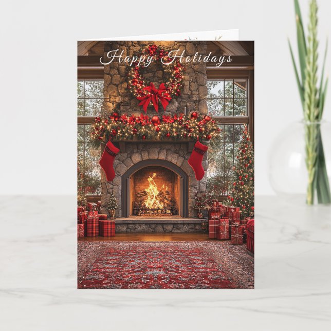 Tarjeta Christmas Fireplace Red Stockings Lights (Anverso)
