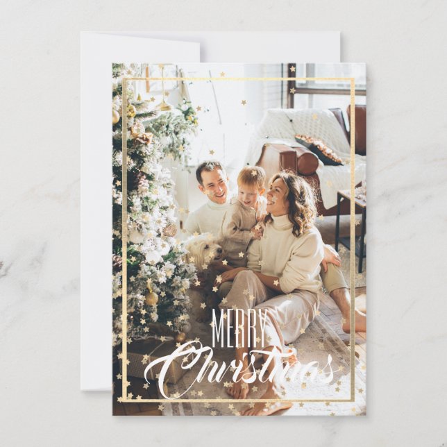 Tarjeta Christmas gold star confetti photo holiday card (Anverso)