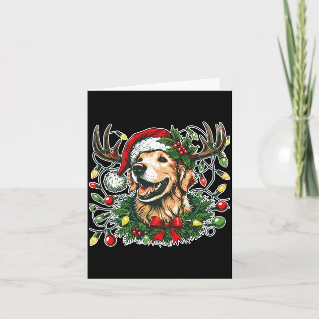 Tarjeta Christmas Golden Retriever Antlers Santa Hat Long  (Anverso)
