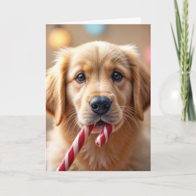 Tarjeta Christmas Golden Retriever Puppy and a Candy Cane (Anverso)