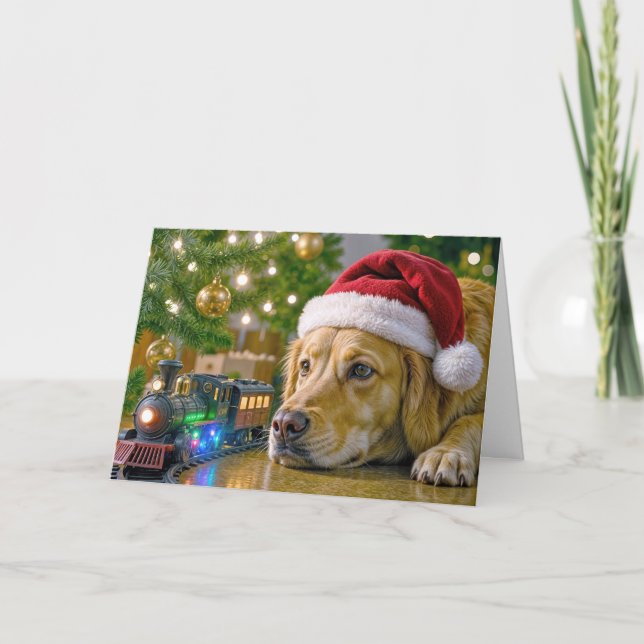 Tarjeta Christmas Golden Retriever Watching a Toy Train (Anverso)