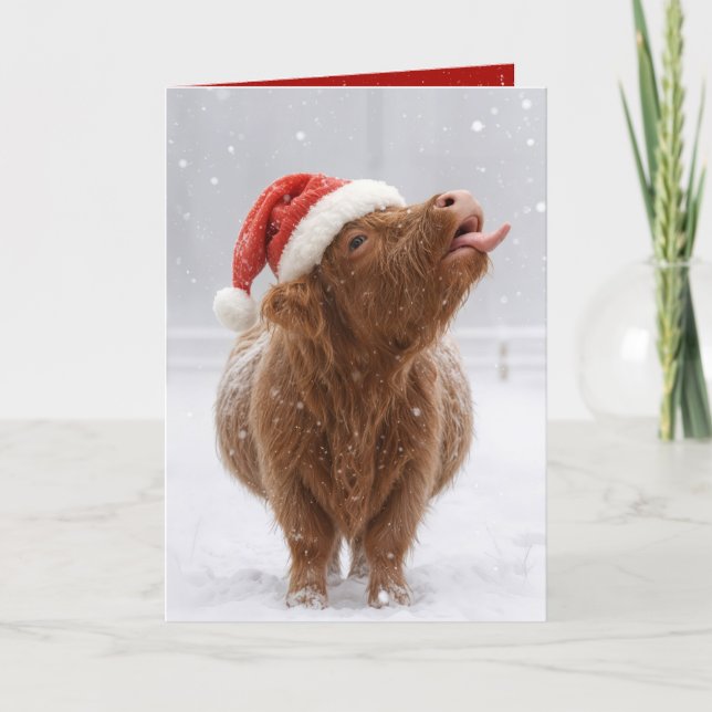 Tarjeta Christmas Highland Cow Catching Snowflakes (Anverso)