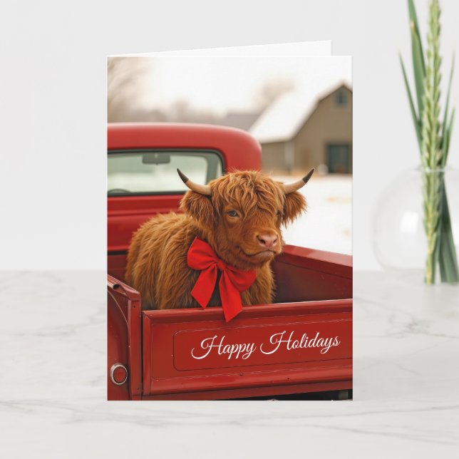 Tarjeta Christmas Highland Cow In Old Red Pickup Truck (Anverso)