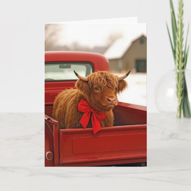 Tarjeta Christmas Highland Cow In Old Red Pickup Truck (Anverso)