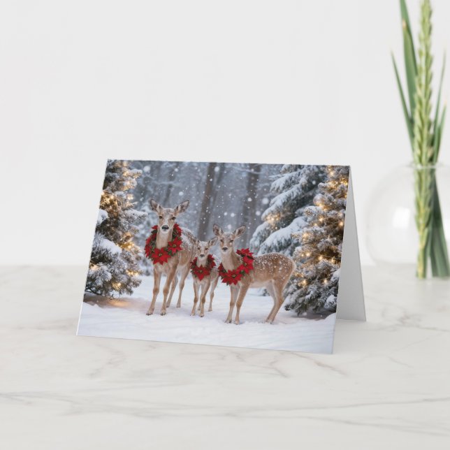 Tarjeta Christmas Holiday Cute Deer Family with Wreaths  (Anverso)