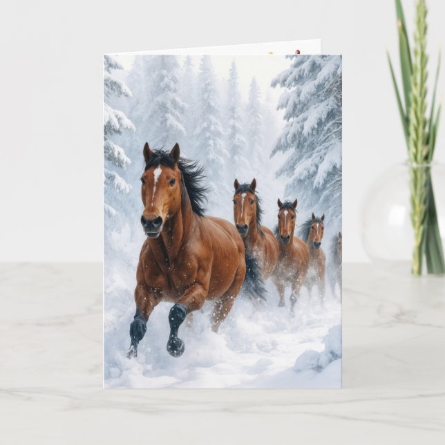 Tarjeta Christmas Horses Running Through a Snowy Forest (Anverso)