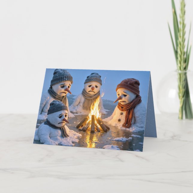 Tarjeta Christmas Humor Snowmen Melting Around a Campfire (Anverso)