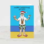 Tarjeta Christmas in July Santa on the Beach<br><div class="desc">A cartoon of Santa standing on a beach wearing shades,  shorts and flip flops. The words 'Happy Christmas in July' accompany the image.</div>