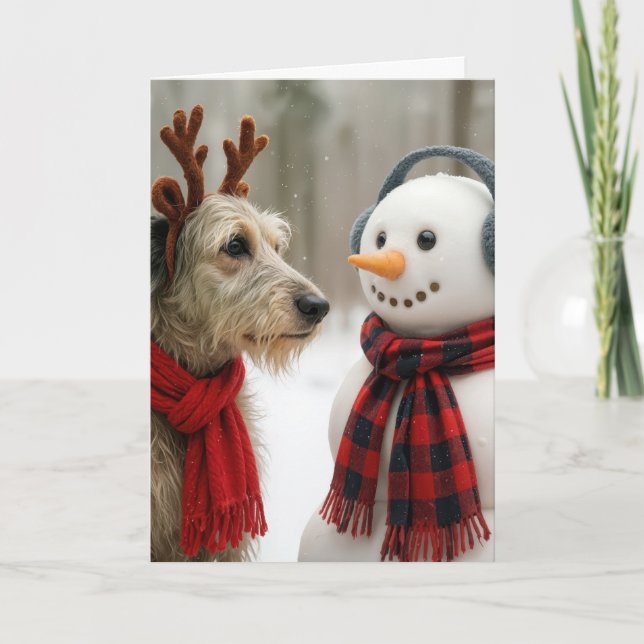Tarjeta Christmas Irish Wolfhound Gazing at a Cute Snowman (Anverso)