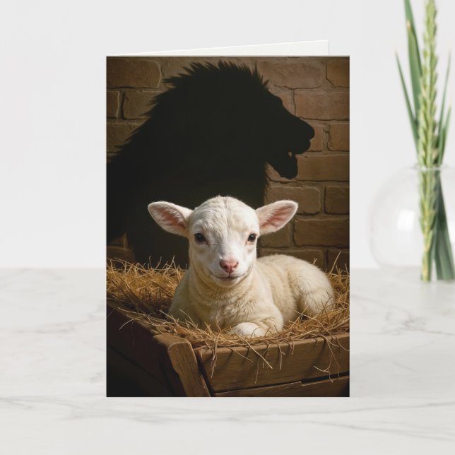 Tarjeta Christmas Lamb In a Manger With Lion Shadow (Anverso)