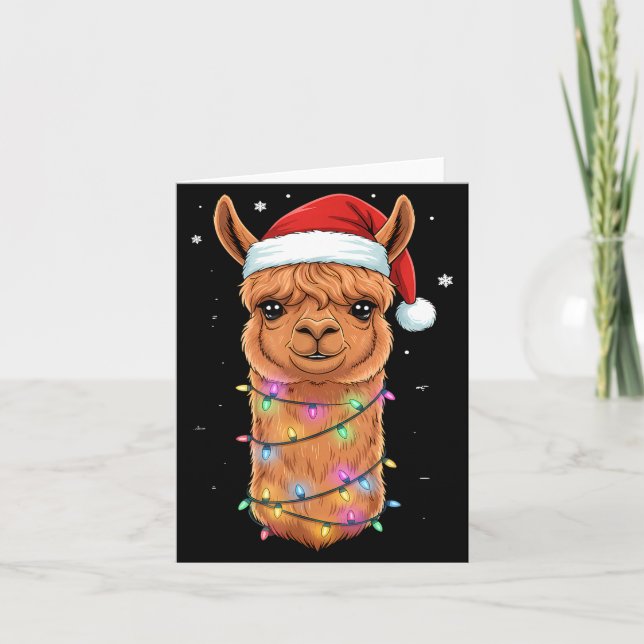 Tarjeta Christmas Lights Alpaca Santa Hat Llama Cute Xmas  (Anverso)