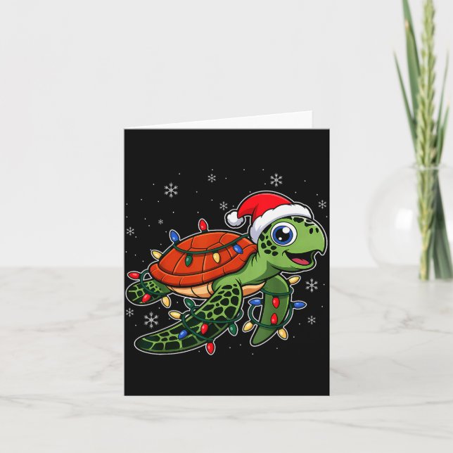 Tarjeta Christmas Lights Turtle Wearing Xmas Hat - Lover  (Anverso)