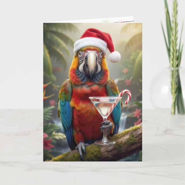Tarjeta Christmas Parrot Holding a Martini Cocktail (Anverso)