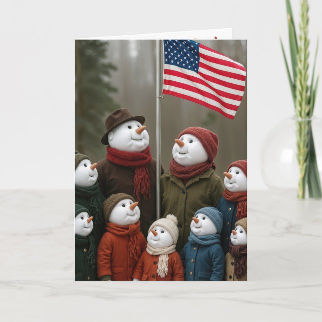 Tarjeta Christmas Patriotic Snow Family With American Flag (Anverso)
