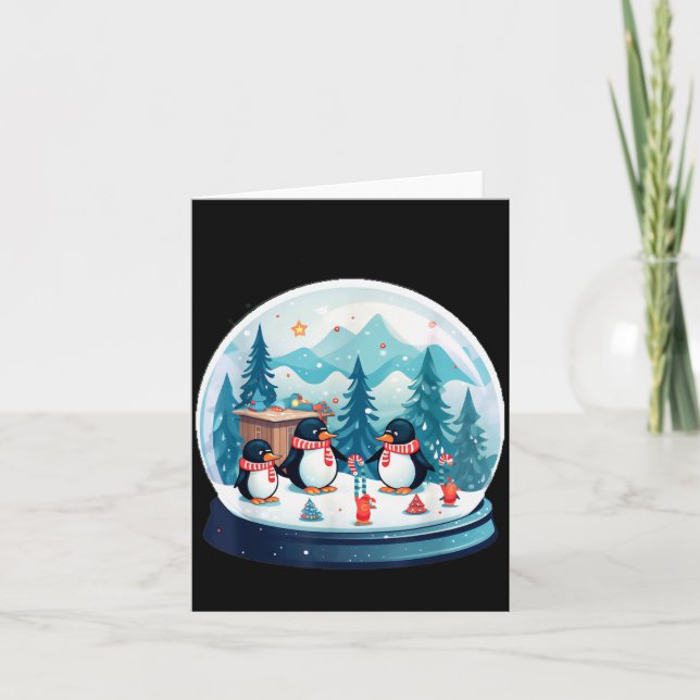 Tarjeta Christmas Penguin Snow Globe Scene Family Holiday  (Anverso)