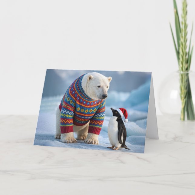 Tarjeta Christmas Polar Bear and Penguin Friends (Anverso)