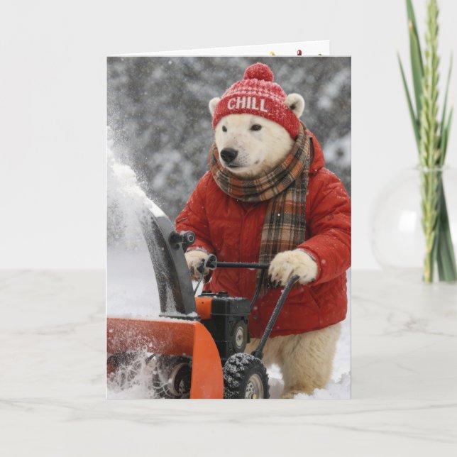 Tarjeta Christmas Polar Bear Pushing a Snowblower (Anverso)