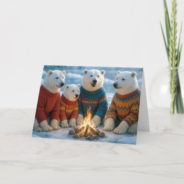 Tarjeta Christmas Polar Bears Gathering Around a Bonfire (Anverso)