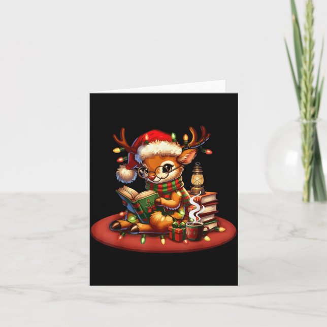 Tarjeta Christmas Reading Book Lovers Bookworm Coffee Rein (Anverso)