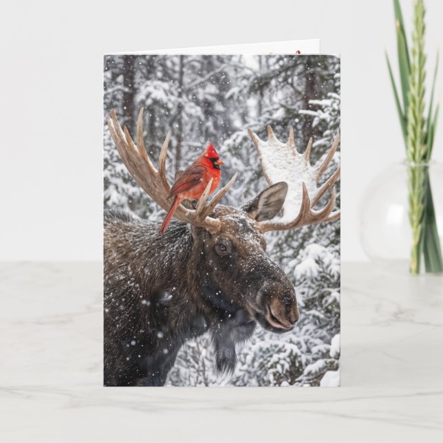 Tarjeta Christmas Red Cardinal On Snowy Moose Antlers (Anverso)