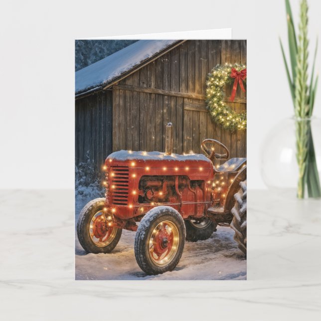 Tarjeta Christmas Red Farm Tractor With Glowing Wreath (Anverso)