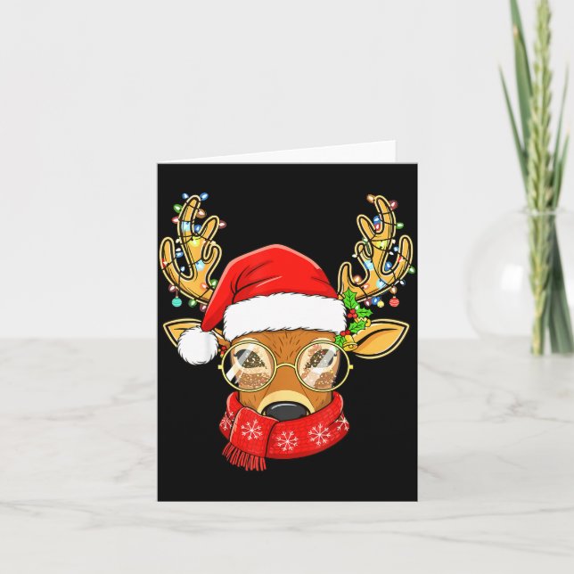 Tarjeta Christmas Reindeer Lights Gles Santa Hat Deer Xmas (Anverso)