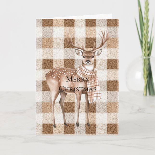Tarjeta Christmas Rustic Cream Brown Plaid Deer (Anverso)