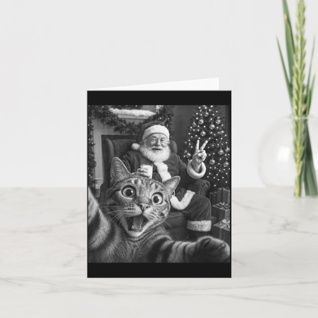 Tarjeta Christmas Santa Claus Merry X-mas Funny Cat Selfie (Anverso)