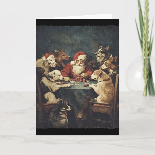 Tarjeta Christmas Santa Playing Cards Dogs Playing Poker  (Anverso)