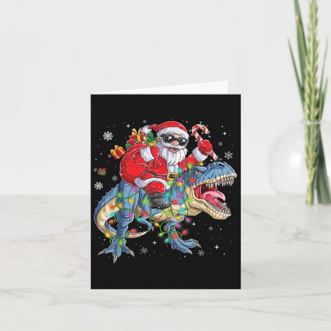 Tarjeta Christmas Santa Riding Dinosaur Funny Xmas Lights  (Anverso)