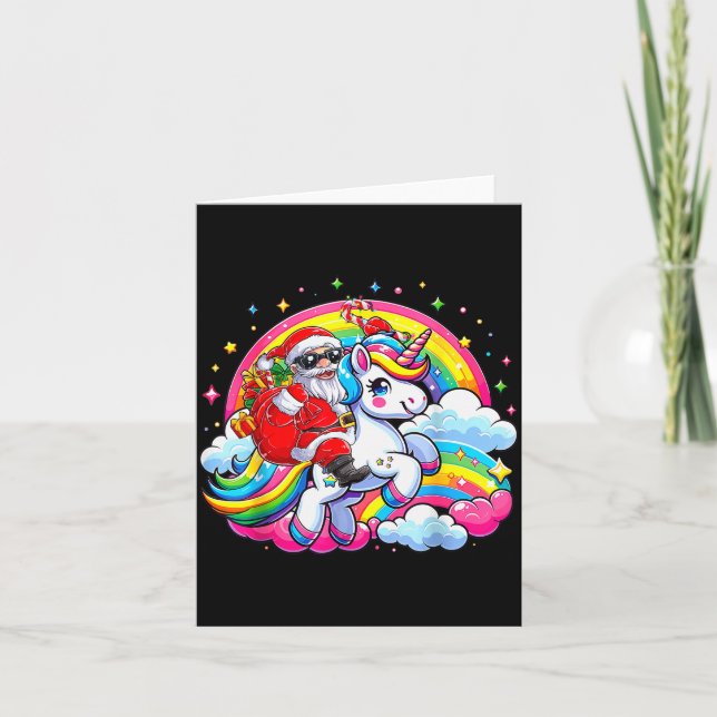 Tarjeta Christmas Santa Riding Unicorn Cute Xmas Girls Wom (Anverso)